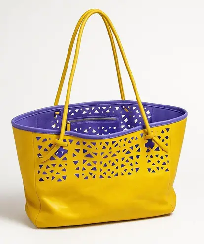 Beth Levine New York Tote Bag Large Yellow Purple Laser Cut Lattice Leather