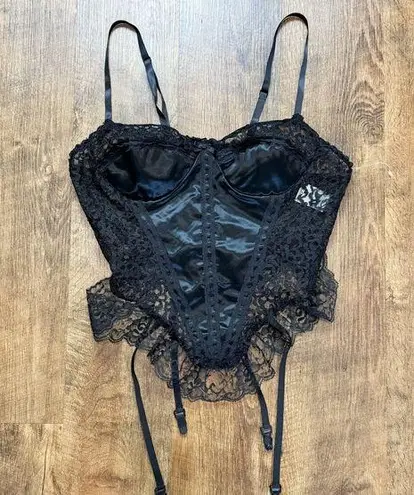 Vtg Y2K Black Babydoll Corset Bustier Top w Garter Straps Sz Large Satin Lace