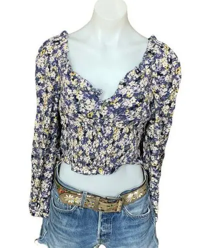 Nordstrom   Purple Navy Floral Milkmaid Crop Top LARGE Pansy Long Sleeves NEW