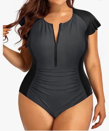 One Piece Swimsuits for Women Zip Front Rash Guard Short Sleeve Tummy Control Surfing Sport Bathing Suits