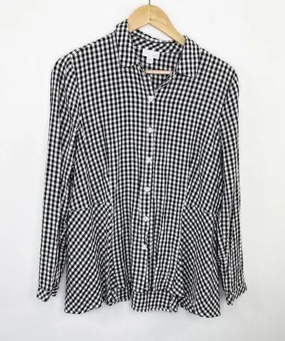 J Jill Black White Checkered Button Down Long Sleeve Shirt Women M Collar Casual Size M
