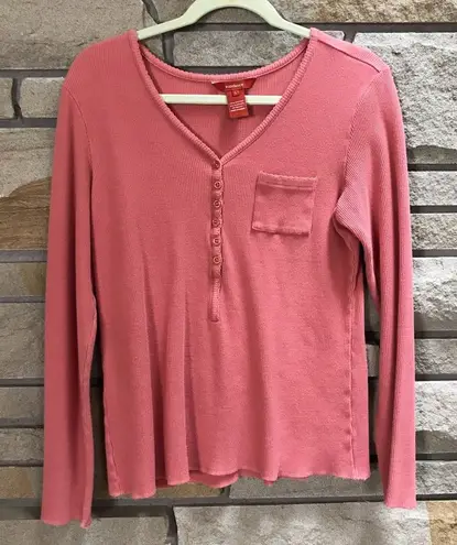 Sundance Waffle Knit Thermal Pocket Henley Long Sleeve Top Large Coral Cotton