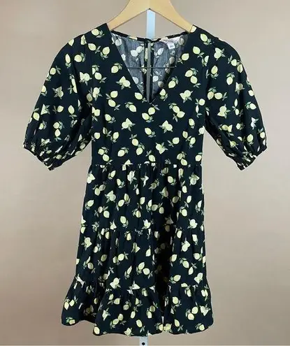 Miss Selfridge Petite 0 Poplin Mini Dress Lemons Puff Sleeve Ruffle Boho Cottage