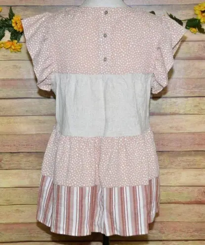 Entro Beige & Pink Cap Sleeve Tiered Blouse Top Size S Striped Polka Dots Cute
