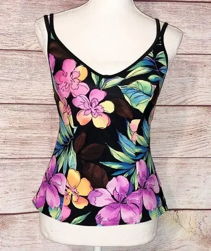 MiracleSuit  Black and Purple/Pink Orchid Floral Double Strap Tankini Top Size 8