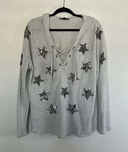 INC EUC  Grey Sweater Top Sequin Stars Top Lace Up sz XL