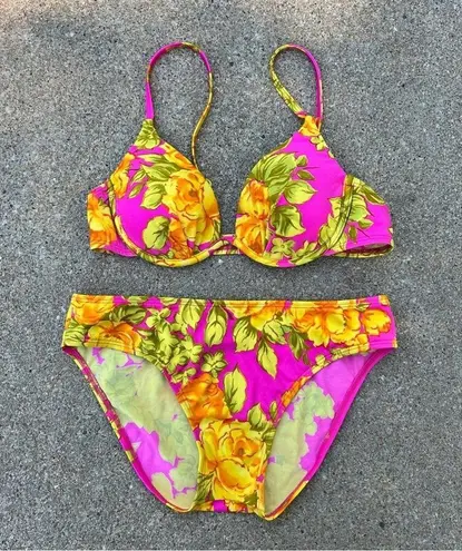 Vintage 90s Y2K Carabella Floral yellow fuchsia underwire bra bikini set Size M