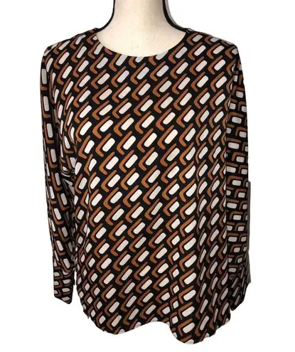 Mango  Size 4 Romi Geometric Print Blouse Long Sleeve Black Brown Shirt Top MNG