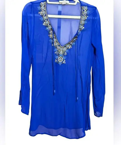 Yumi Kim Royal Blue Beaded Embellished Sheer Tunic Top or Swim Cover Sz S