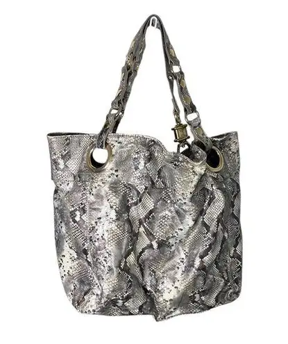 Steven by Steve Madden Tote Bag Snake Print Faux Leather Grommet Gray AS IS