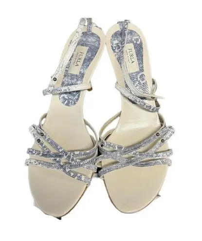 Furla Snakeskin Embossed Leather Strappy Ankle Heel Sandals Cream Size 39 US 8.5