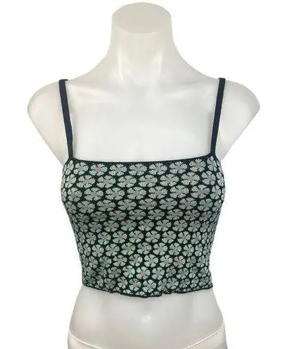 MNG Green Black Floral Square Neck Spaghetti Strap Cropped Tank Top Size XS