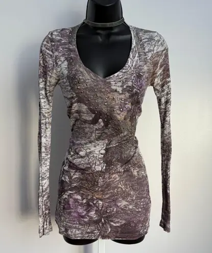 Gavriel LA VTG Y2K Bling Baby Tee Floral Rhinestone Long Sleeve Top Medium Purple