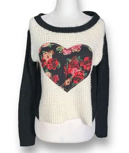 Wet Seal Vintage  Sweater Cream Black Colorblock Dark Floral Heart Print Boxy