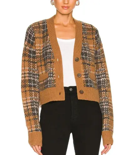RE/DONE 90s Crop Cardigan Caramel Multi Tan Plaid Cozy Boxy Size L NEW