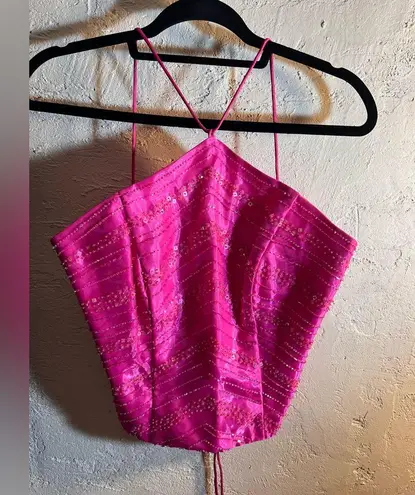 Blondie Nites Pink Asymmetrical Backless Bustier Crop Top