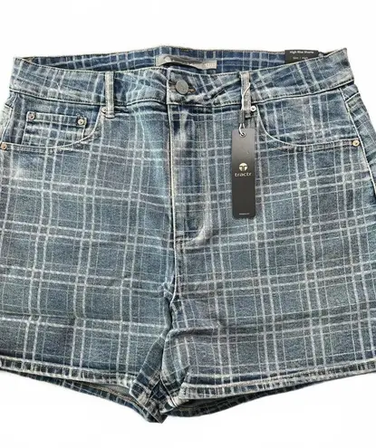 Tractr High Rise Plaid Denim Shorts 4/27 Blue