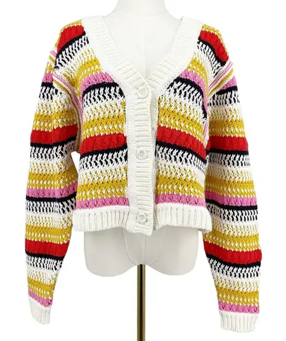 DeLuc Ayden Chunky Knit Crop Cardigan Sweater Striped Size Large Yellow