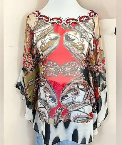 Alberto Makali Vintage Y2K Sheer Scarf Style Mixed Print Top M Red Size M