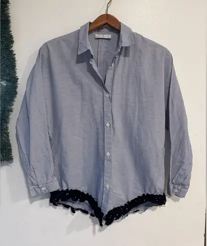 WHYCI Milano Women’s Blue White Striped Button Front Blouse Crochet Hem Size 8
