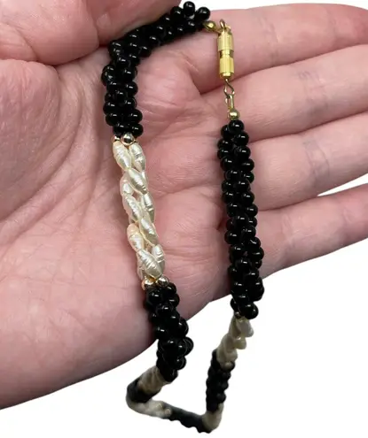 Vintage Twisted Necklace Faux Rice Pearl Bead Black Plastic White Textured Multiple
