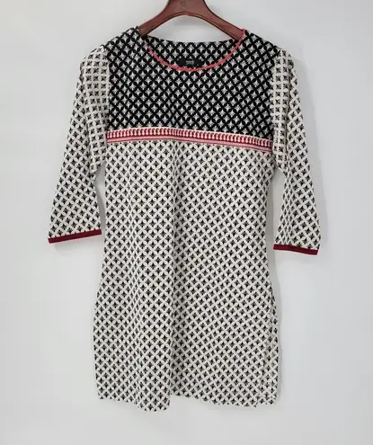 Soch Womens Dress M Black White Allover Print Round Neck 3/4 Sleeve Shift Tunic Size M