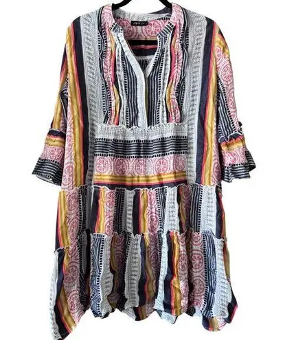 APNY 100% Cotton Mixed media swing dress bell sleeve L Coastal Boho Size L