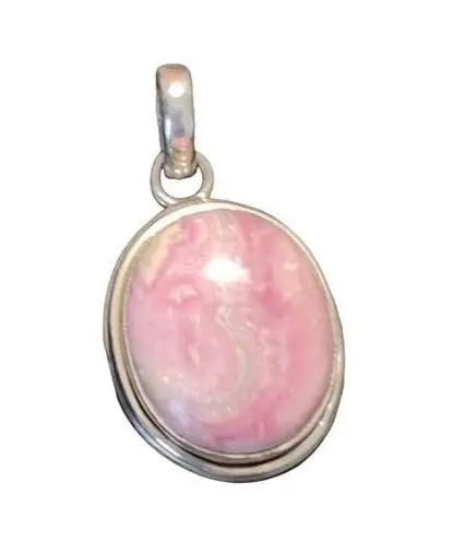 Oval Rhodochrosite Gemstone Pendant in Sterling Silver Bezel Setting Pink