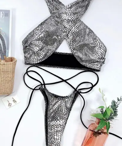 Boutique Snake print halter crisscross bikini set silver