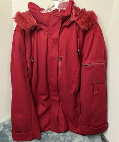 Women’s Red Wool Blend Hooded Winter Coat Faux Fur Trim Size 3XL