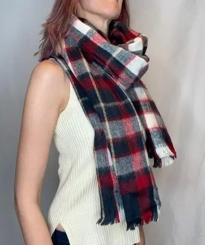 Unbranded Partially Felted Knit Woven Blanket Scarf Short Fringe Plaid Winter Blue