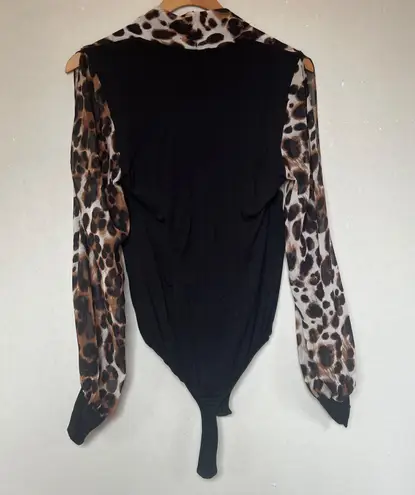 Bebe Cheetah Print Split Sleeve Wrap Bodysuit