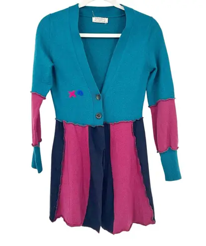 Ragged Thistle Womens Handmade Boho Hippie Mushroom Colorblock Cardigan Sweater Blue