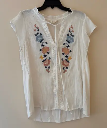Flower & Feather White Embroidered Boho Peasant Top Lace Trim Flutter Sleeve XL