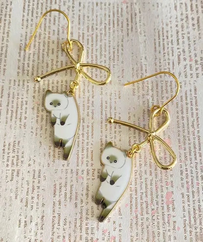 Handmade Kawaii funny cat ribbon dangle earrings✨