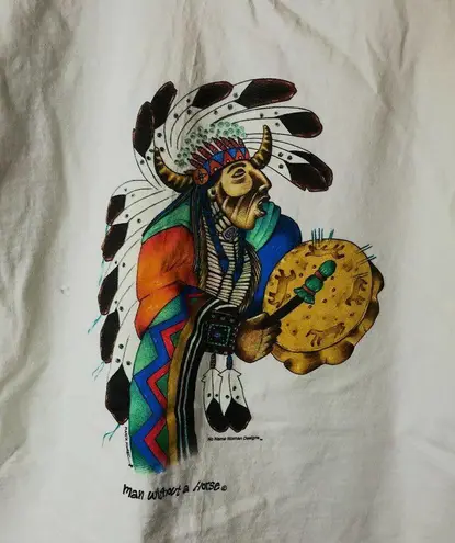 Man Without A Horse Native T Shirt Vintage 90s White Medium M Indian Chief Solid