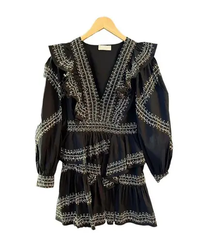Ulla Johnson Anais Mini Dress Ruffle Embroidered V-Neck Black Noir Cotton 2 NWT