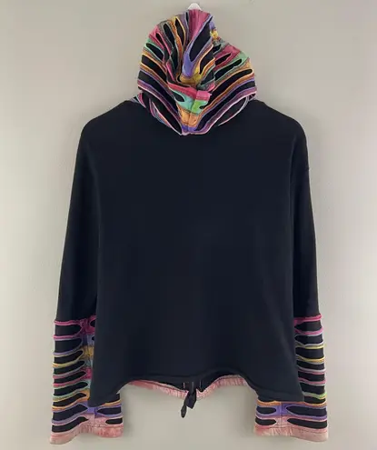 Y2K 90’s Black Rainbow Psychedelic Rip N Tear Wide Bell Sleeve Full Zip Hoodie Size L