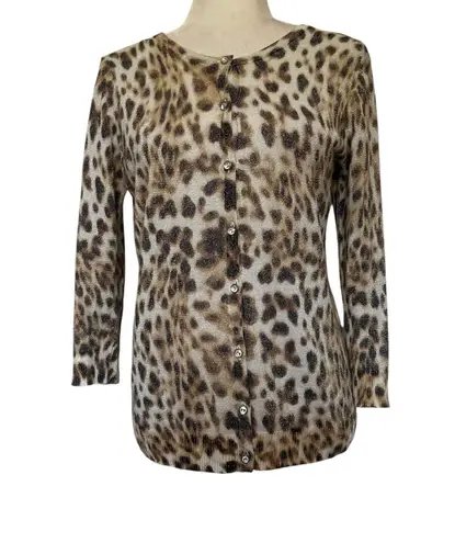 Joseph A Leopard Glitter Cardigan Womens Sweater Sz L Y2K Crystal Bling Glam