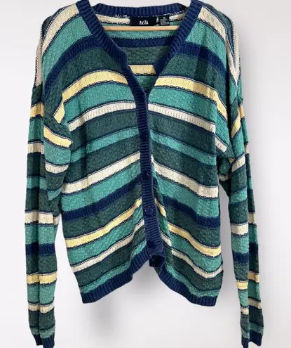 Vtg 90s PASTA Women’s Cardigan Sweater Striped Blue Ramie Slouchy Cozy Preppy Blue Size M