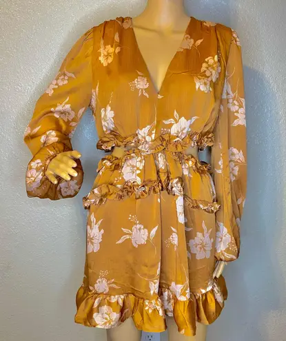 Privy Crinkled Satin Ruffle Long Sleeve Mini Dress Gold Brown White Size Large