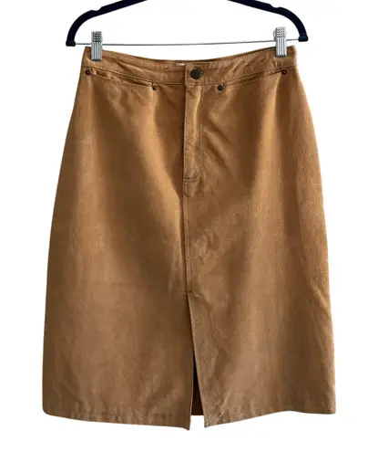 Bagatelle Vintage Bagtelle 100% Leather High Waist Knee Length Camel Color Skirt Slit Sz 6