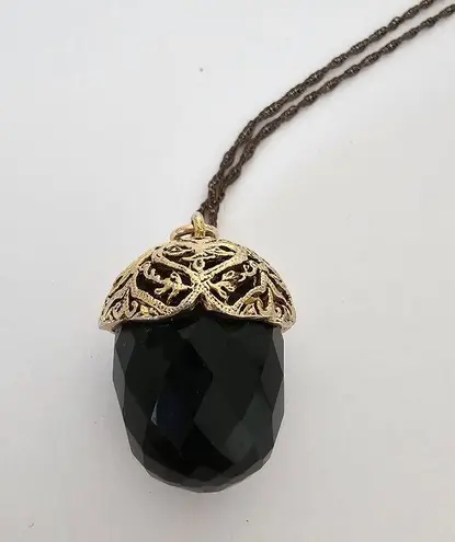 Neiman Marcus Vintage Dark Green Crystal Acorn Long Chain Necklace Gold Plated