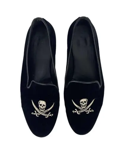 Jon Josef Black Velvet Gatsby Embroidered Skull Flat Loafers Shoes Size 7.5