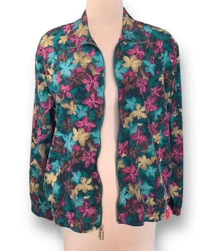 Vintage Teddi Floral Bomber Jacket Zip Front Fall Leaf Print Teal Pink Gold 12 Blue Size M