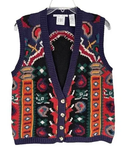 T3 Vintage 90s Knit Sweater Vest Button Front Geometric Abstract Pattern Blue