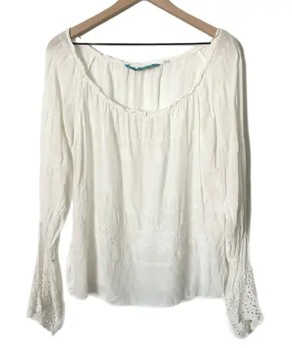 Johnny Was White Embroidered Bell Sleeve Boho Peasant Blouse Top Size Large