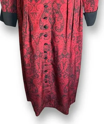 Vintage 90s Maxi Column Coat Dress Silk Red Paisley Long Sleeve Mandarin Collar Size 8