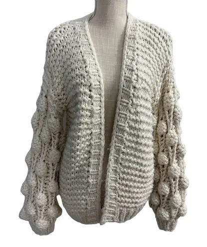 Adora Pom Pom Sleeves Cardigan Sweater Womens One Size Cream Open Front Chunky - Image 1
