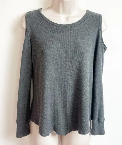 LNA Cold Shoulder Waffle Knit Long Sleeve Crew Neck Pullover Top Solid Gray M